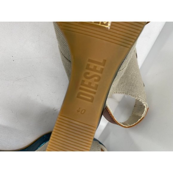 DIESEL Khaki Canvas  Peep Toe Blue Metallic Wedge Heel Shoes Women's Sz 40 (9) - Picture 11 of 12